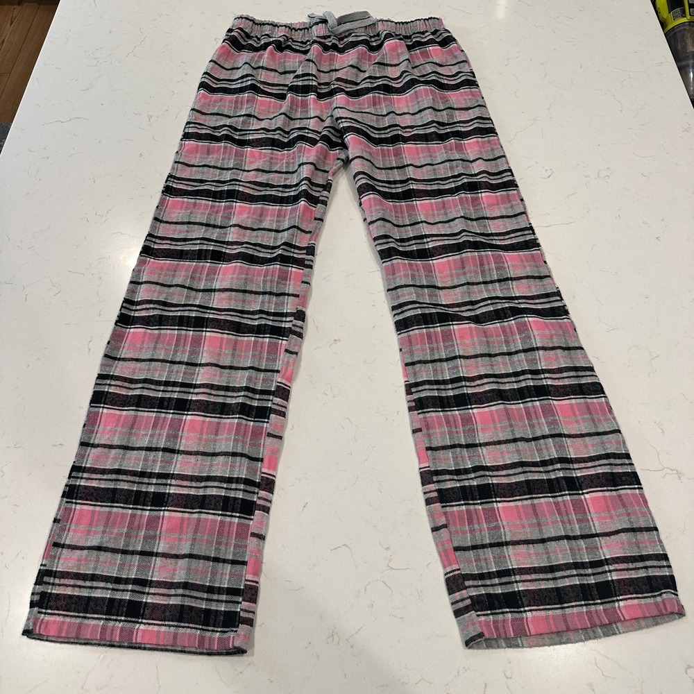 Bobbie Brooks Women Pink Black Plaid Flannel Pajama Pants Wide Leg Large